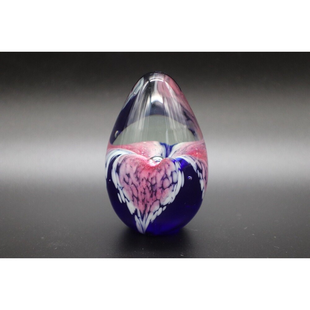 Vintage 3.5" Art Studio Glass Blue/Pink Lily Egg Shape Paperweight Signed GES 96